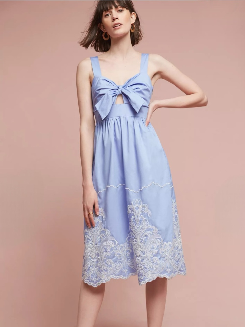 Foxiedox Anthropology Uma Embroidered Dress Blue Size XS Midi A-Line Bow NWT